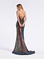 Sexy fitted multi black cocktail gown with crisscross tie back and horsehair trim hem