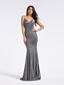 Floor length formal silver mermaid gown with soft sweetheart neckline and thin straps