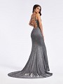 Fitted sexy mermaid silver formal gown with strappy tie back and kick train