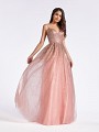 Full A-line gold and dusty pink princess style formal dress with deep sweetheart neckline