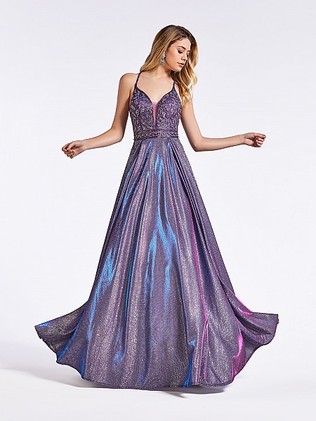 Purple floor length metallic prom dress with deep sweetheart neckline and beaded bodice