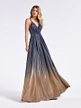 Gold and blue sparkling formal full A-line prom gown with pockets at side skirt and box pleats