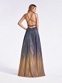 Gold and blue ombre sparkle prom dress with pockets at side skirt and kick train