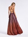 Ombre metallic jersey full a-line formal gown with kick train and crisscross back