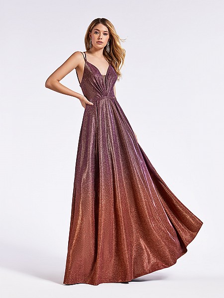 Red and purple ombre floor length a-line gown with band at waist and spaghetti straps