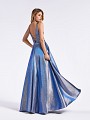 Steel blue shiny a-line formal dress with deep V-back and natural waistline