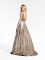 Val Stefani 3909RG deep V-back A-line prom dress with unique sequin cheetah print fabric and kick train Val Stefani 3909RG deep V-back A-line prom dress with unique sequin cheetah print fabric and kick train