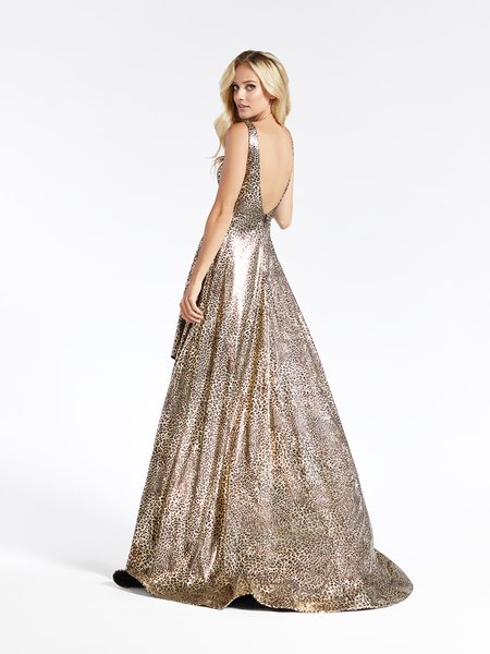 Val Stefani 3909RG deep V-back A-line prom dress with unique sequin cheetah print fabric and kick train Val Stefani 3909RG deep V-back A-line prom dress with unique sequin cheetah print fabric and kick train