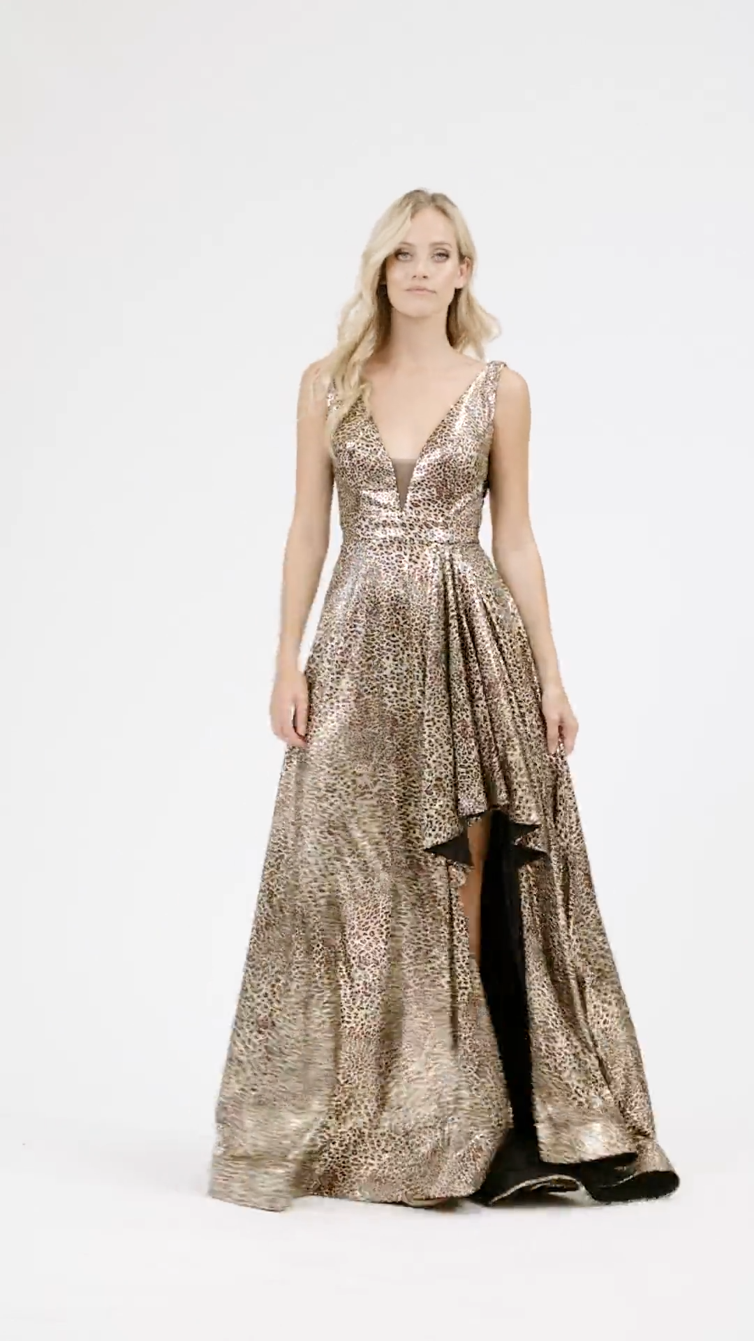 Val Stefani 3909RG sequin cheetah print asymmetrical hem A-line formal gown with illusion inset at side bodices Val Stefani 3909RG sequin cheetah print asymmetrical hem A-line formal gown with illusion inset at side bodices