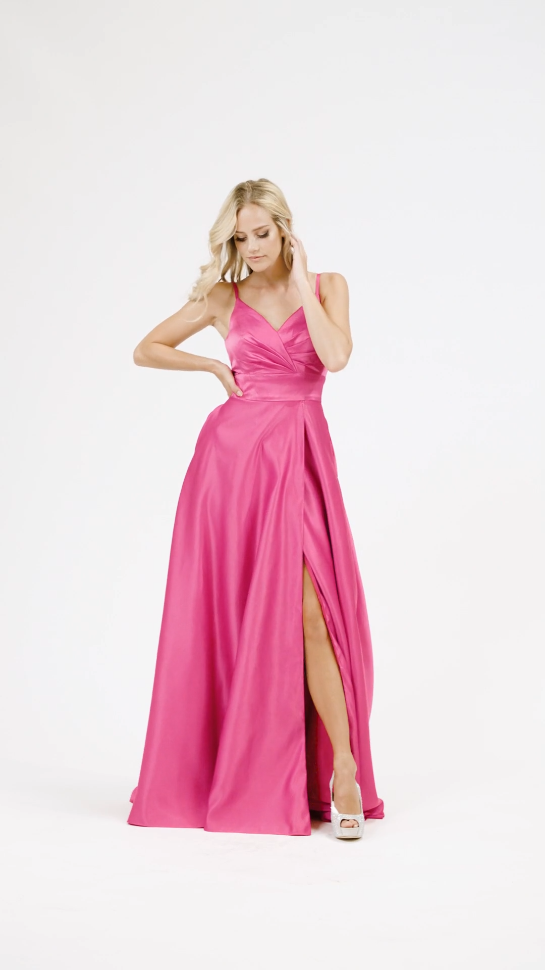 Val Stefani 3910RA soft and flowy satin A-line prom dress with wrap skirt and pockets