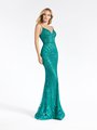 Val Stefani 3912RD emerald glitter print net formal gown with sweetheart neckline and beaded belt