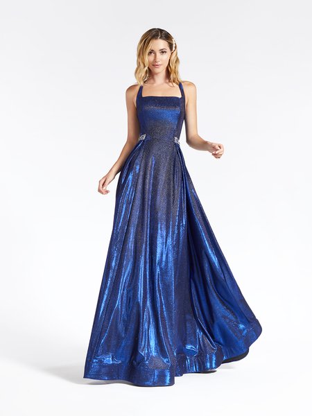 Val Stefani 3913RG royal blue metallic satin A-line prom dress with beaded sash and pockets at side skirt