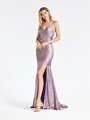 Val Stefani 3914RY purple and gold high front slit sheath metallic jersey formal gown with ruching at front bodice Val Stefani 3914RY purple and gold high front slit sheath metallic jersey formal gown with ruching at front bodice