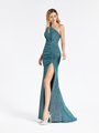 Val Stefani 3916RD trendy one shoulder green metallic jersey sheath prom dress with high side slit Val Stefani 3916RD trendy one shoulder green metallic jersey sheath prom dress with high side slit