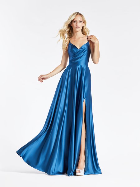 Val Stefani 3917RA navy satin wrap skirt A-line prom dress with natural waist and surplice sweetheart neckline