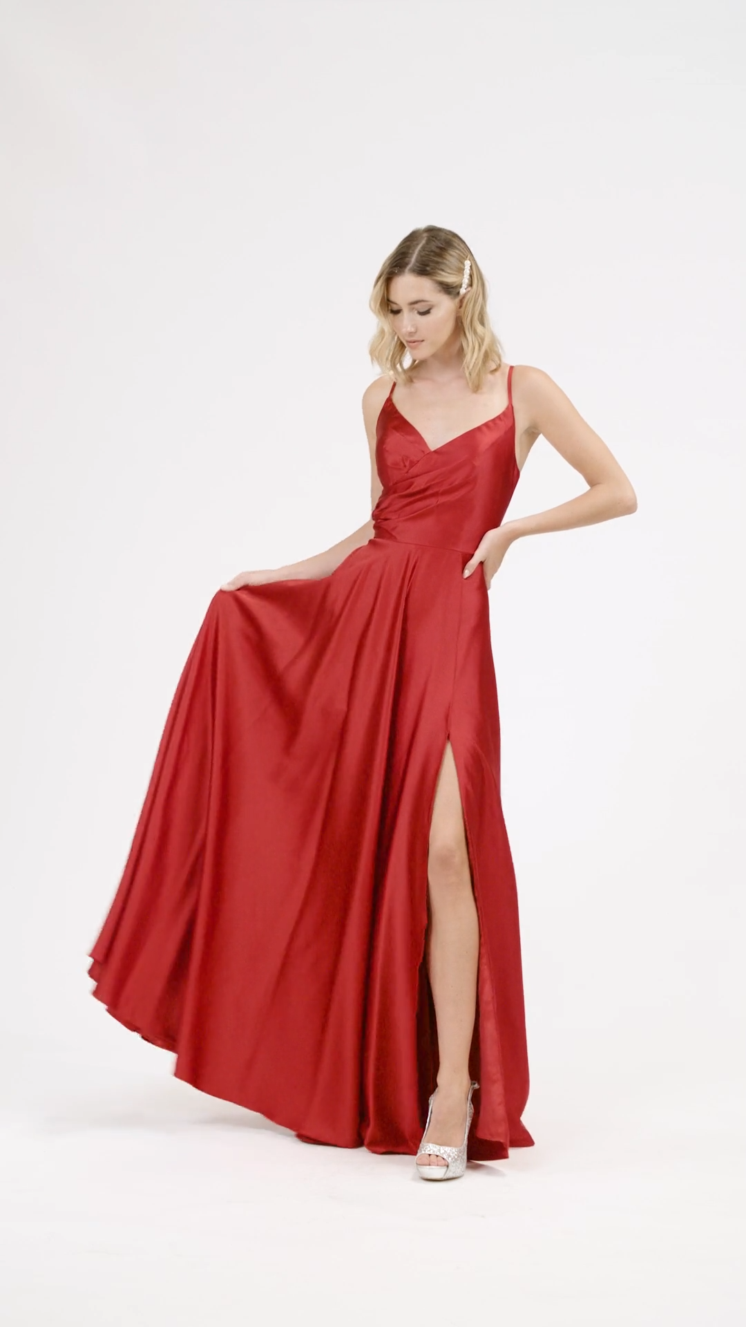 Val Stefani 3917RA light weight smooth satin A-line gown with surplice sweetheart neckline and lace-up back