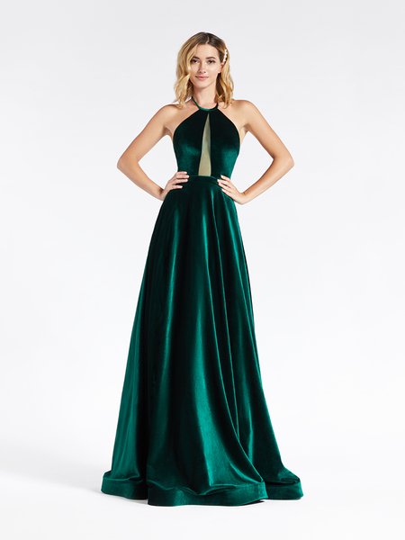 Val Stefani 3918RA soft and smooth emerald velvet halter neck with illusion inset at front bodice and side pockets Val Stefani 3918RA soft and smooth emerald velvet halter neck with illusion inset at front bodice and side pockets
