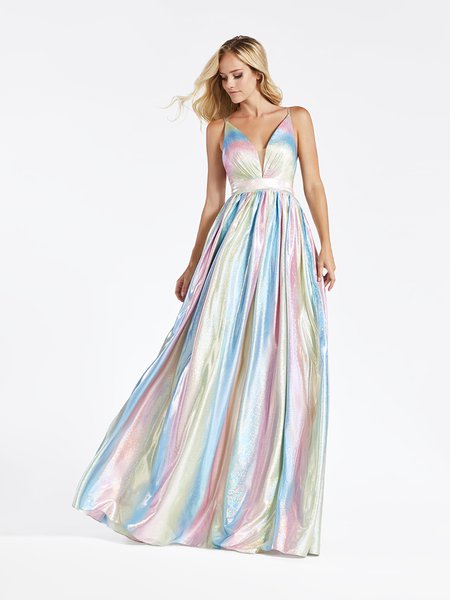 Val Stefani 3919RA multi and yellow iridescent satin A-line formal gown with deep sweetheart with illusion inset Val Stefani 3919RA multi and yellow iridescent satin A-line formal gown with deep sweetheart with illusion inset