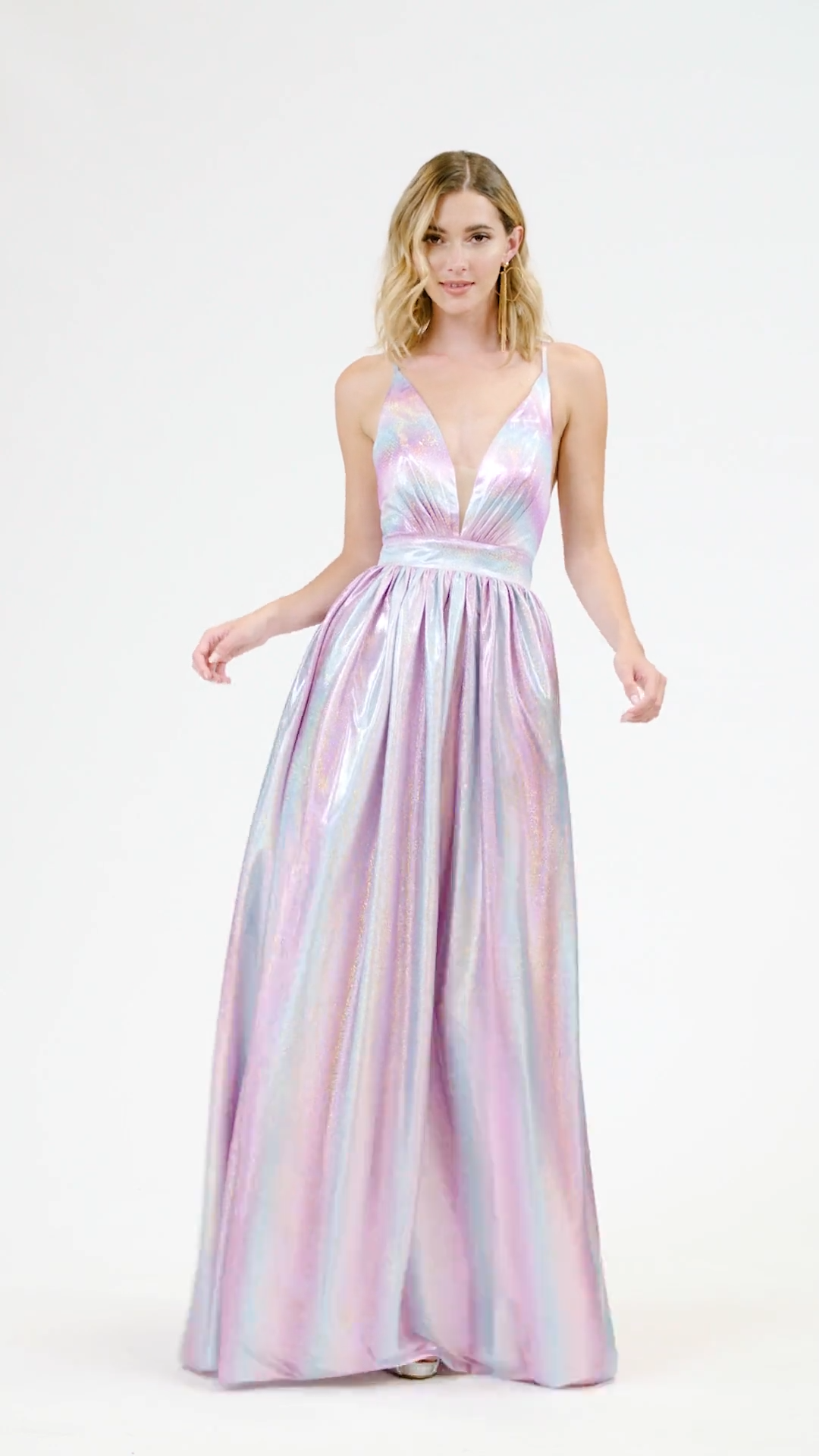 Val Stefani 3919RA airy and light weight iridescent satin multi-toned A-line formal gown with sexy necklines Val Stefani 3919RA airy and light weight iridescent satin multi-toned A-line formal gown with sexy necklines