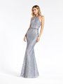 Val Stefani 3923RY charcoal glitter print tulle sheath with halter neckline and beaded belt at natural waist