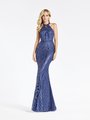 Val Stefani 3923RY chic and elegant halter with cutout navy glitter print tulle sheath prom dress with rhinestones