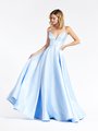 Val Stefani 3924RY cool ice blue full A-line gown with deep sweetheart and thin straps and horsehair trim hem