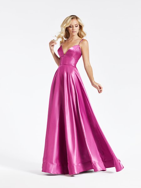 Val Stefani 3924RY shiny satin vibrant magenta A-line formal gown with plunging sweetheart neckline with thin straps