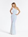 Val Stefani 3928RY multi and ivory stretch embroidered sequin sheath prom dress with one shoulder neckline trend