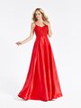 Val Stefani 3929RY red sweetheart with straps lace appliques and satin A-line formal gown with natural waistline