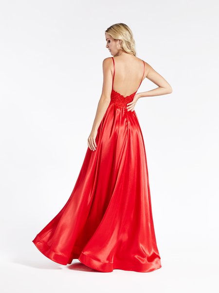 Val Stefani 3929RY chic yet affordable satin A-line with open back with thin staps and horsehair trim hem Val Stefani 3929RY chic yet affordable satin A-line with open back with thin staps and horsehair trim hem