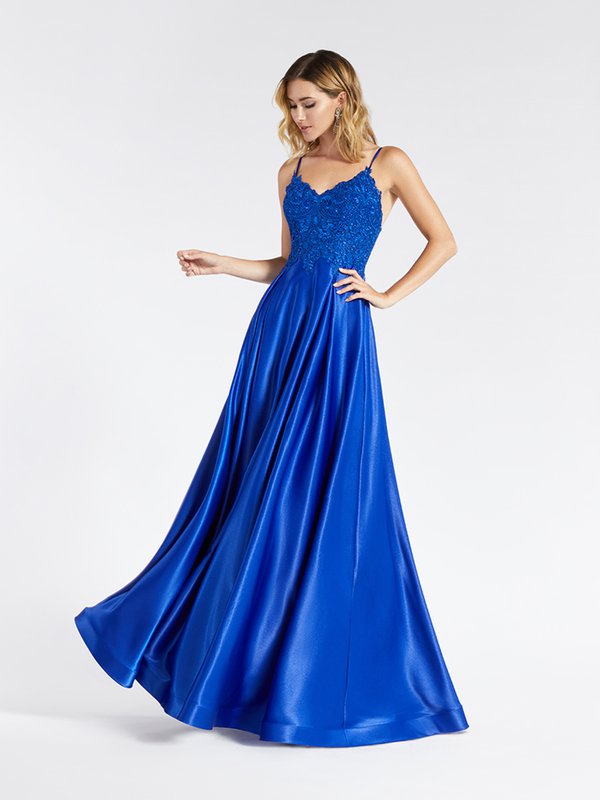 Val Stefani 3929RY classic lace appliques sweetheart bodice and satin skirt A-line with box pleats prom dress in royal blue