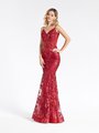 Val Stefani 3930RY wine glitter sequin print tulle mermaid with front and back V-necklines and boning at unlined bodice