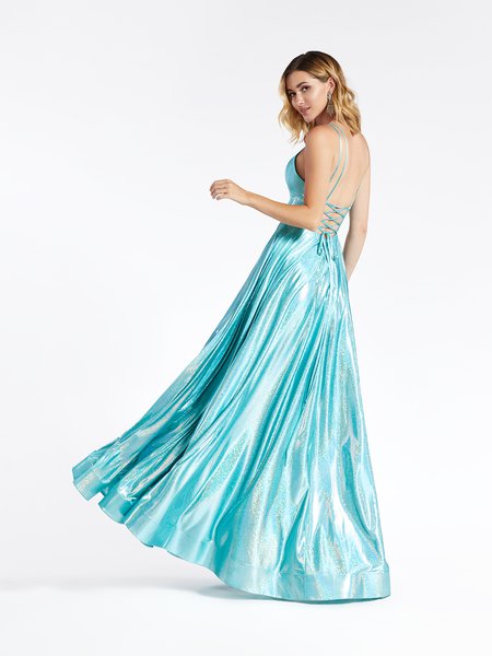 Val Stefani 3932RC striking open lace-up back flowy A-line prom dress with side pockets and horsehair trim hem