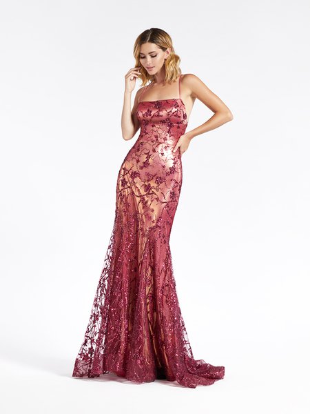 Val Stefani 3936RC marvelous magenta mermaid formal gown in glitter sequin print net with thin straps scoop neckline Val Stefani 3936RC marvelous magenta mermaid formal gown in glitter sequin print net with thin straps scoop neckline