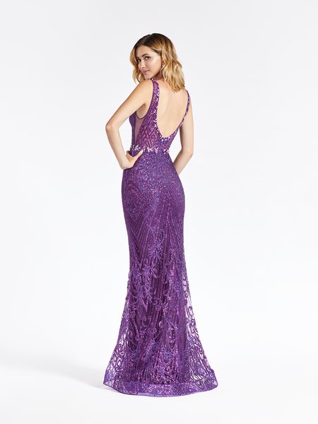 Val Stefani 3940RD beaded deep V-back floor length mermaid prom dress in glitter print net with horsehair trim hem