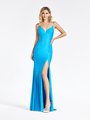 Val Stefani 3941RE flashy yet elegant turquoise sparkle jersey mermaid prom dress with plunging sweetheart and high front slit