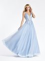 Val Stefani 3942RG beaded deep V-neck with illusion inset and beaded belt tulle A-line dress in light blue
