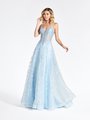 Val Stefani 3943RG metallic re-embroidered lace appliques over glitter tulle ice blue A-line gown with unlined boning bodice