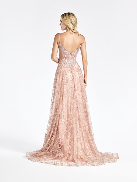 Val Stefani 3943RG sparkly glitter tulle V-back with straps formal A-line with kick train and see-through bodice Val Stefani 3943RG sparkly glitter tulle V-back with straps formal A-line with kick train and see-through bodice