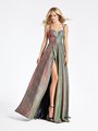 Val Stefani 3944RW deep sweetheart with illusion inset green iridescent print jersey A-line with wrap skirt slit Val Stefani 3944RW deep sweetheart with illusion inset green iridescent print jersey A-line with wrap skirt slit