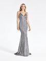 Val Stefani 3945RW sultry low V-neck with spaghetti straps metallic print jersey mermaid prom dress in charcoal Val Stefani 3945RW sultry low V-neck with spaghetti straps metallic print jersey mermaid prom dress in charcoal