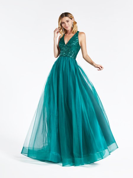ValStefani 3946RB elegant emerald V-neck sequin bodice and tulle A-line with wrap skirt and horsehair trim hem ValStefani 3946RB elegant emerald V-neck sequin bodice and tulle A-line with wrap skirt and horsehair trim hem