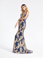 ValStefani 3947RD alluring sleeveless mermaid formal gown with gold sequin embroidery leaf net over navy sparkle tulle fabric