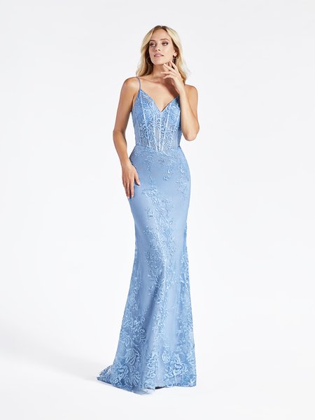 Val Stefani 3948RD embroidery floral lace fabric over sparkle tulle trumpet formal gown in sky blue with unlined bodice Val Stefani 3948RD embroidery floral lace fabric over sparkle tulle trumpet formal gown in sky blue with unlined bodice