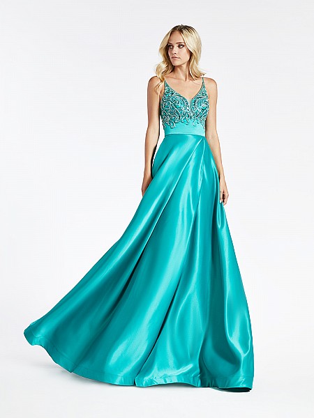 Val Stefani 3949RA green satin A-line with wrap skirt and beaded bodice with pockets at side skirt Val Stefani 3949RA green satin A-line with wrap skirt and beaded bodice with pockets at side skirt