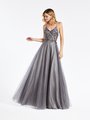 Val Stefani 3951RA charcoal unlined rhinestones and gems beaded bodice with V-neck and flowing tulle A-line gown Val Stefani 3951RA charcoal unlined rhinestones and gems beaded bodice with V-neck and flowing tulle A-line gown