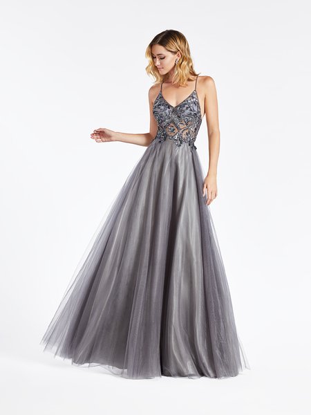 Val Stefani 3951RA charcoal unlined rhinestones and gems beaded bodice with V-neck and flowing tulle A-line gown Val Stefani 3951RA charcoal unlined rhinestones and gems beaded bodice with V-neck and flowing tulle A-line gown