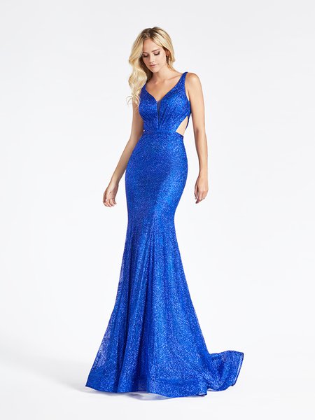 Val Stefani 3952RB sleeveless glitter print net mermaid gown with cutouts at side bodice in radiant royal blue Val Stefani 3952RB sleeveless glitter print net mermaid gown with cutouts at side bodice in radiant royal blue