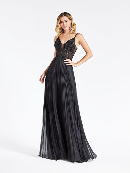 Val Stefani 3953RB classic black chiffon pleated A-line prom dress with unlined beaded bodice and beaded belt