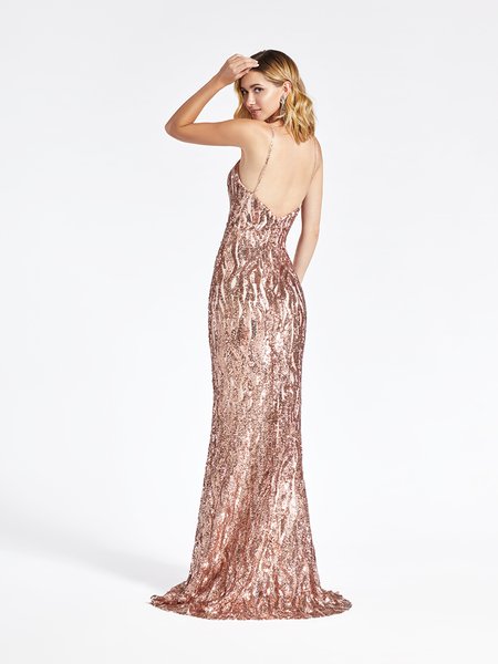 Val Stefani 3954RD open back with spaghetti straps mermaid prom dress in embroidered sequin fabric with kick train Val Stefani 3954RD open back with spaghetti straps mermaid prom dress in embroidered sequin fabric with kick train